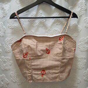 NWT Celandine Tan Gingham Red Anchor Bustier Cami Top Large Nautical Smocked